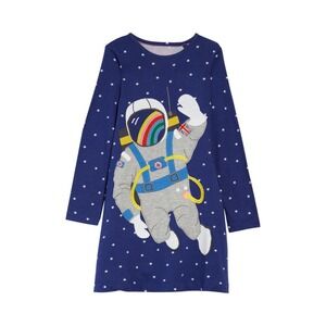 Mini Boden Girls Big Appliqué Jersey Dress In Starboard Blue Space Scene 11-12Y‎